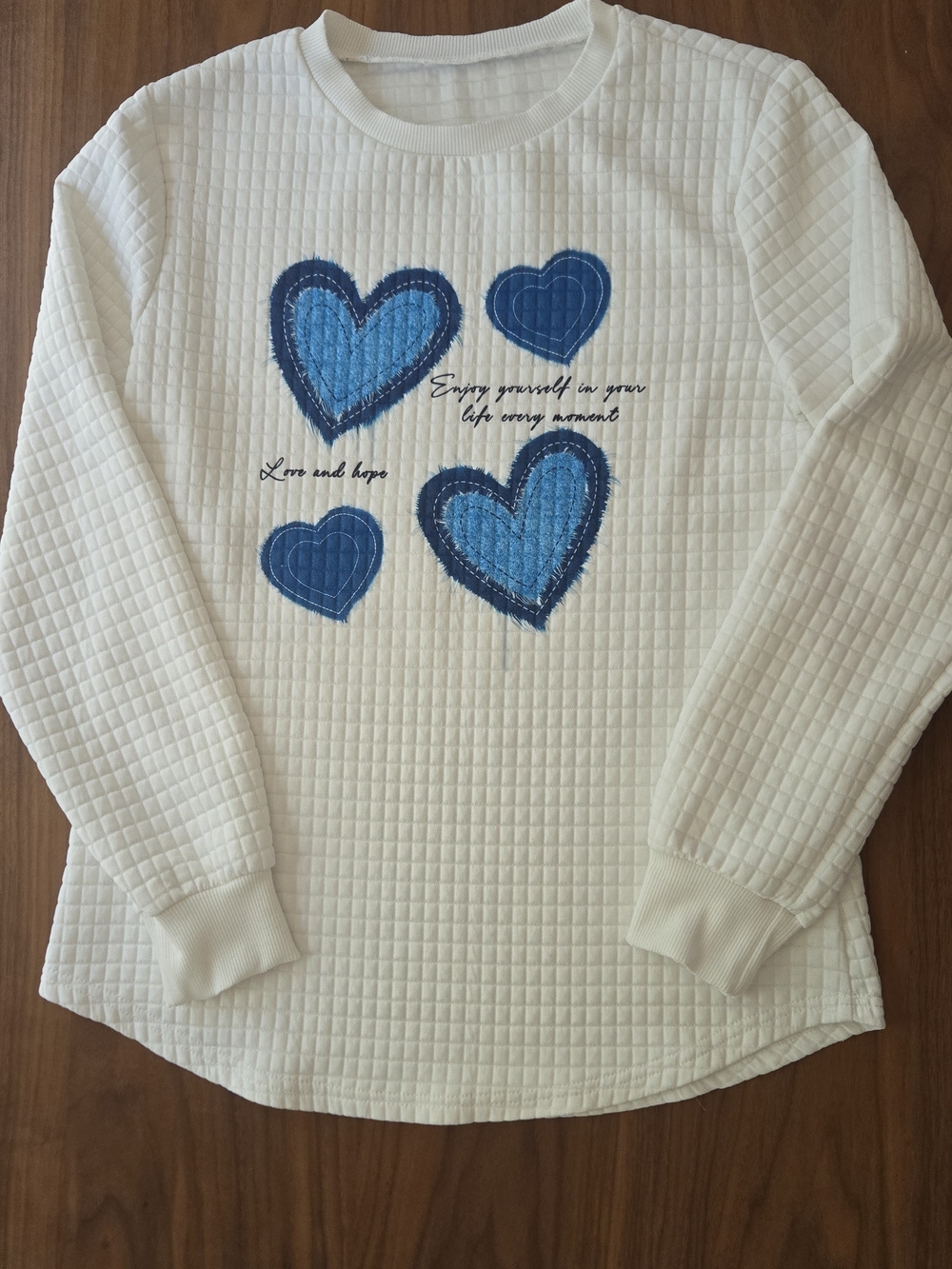 Blue Heart Textured Quilted Grid Pattern Pullover Sweater Cottagecore Crewneck M